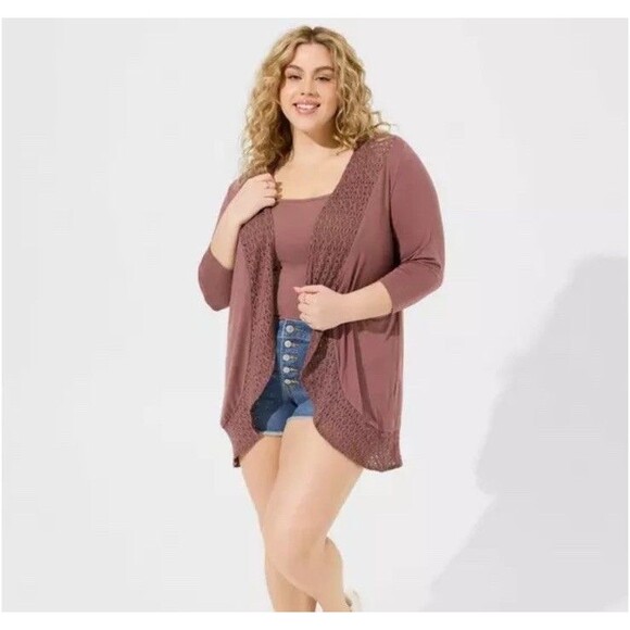 Torrid Super Soft Knit Cardigan Crochet Trim Rose Taupe 3/4 Sleeve Size 0 Large - Picture 3 of 11